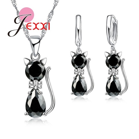 HOT New Arrivals Genuine 925 Sterling Silver Shiny Cubic Zirconia Cat Kitty Necklace Pendant Hoop Earrings Fast Shipping ► Photo 1/6