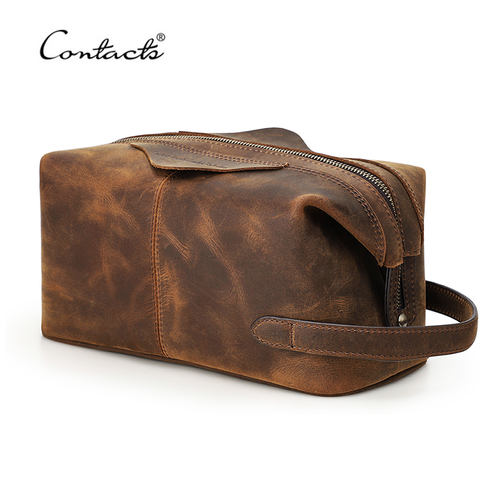 CONTACT'S Men Hanging Cosmetic Bag Crazy Horse Leather Travel Makeup Case Zipper Organizer Storage Pouch Vintage Toiletry Bags ► Photo 1/6