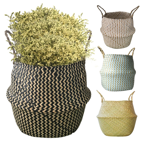 Handmade Bamboo Storage Baskets Nordic Foldable Laundry Straw Wicker Rattan Seagrass Belly Garden Flower Pot Planter Basket ► Photo 1/6