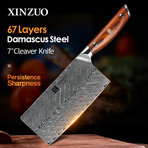 XINZUO 7'' inches Cleaver Meat Knife Stainless Steel VG10 Damascus Cooking Tools Cleaver Best Gift Knives Rose wood Handle ► Photo 1/6