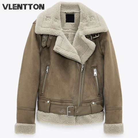 Winter New Women Thick Warm Vintage Suede Lambswool Biker Jackets Coat Chic Sashes Casual Loose Faux Leather Outwear Tops Female ► Photo 1/6