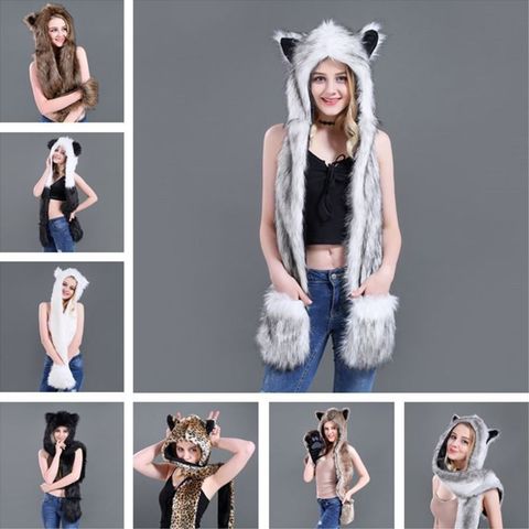 3 In 1 Women Men Fluffy Plush Animal Wolf Leopard Hood Scarf Hat with Paws Mittens Gloves Thicken Winter Warm Earflap Bomber Cap ► Photo 1/6