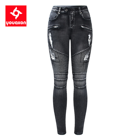 2168 Youaxon New Black Motorcycle Biker Zip Jeans Women`s Mid High Waist Stretch Denim Skinny Pants Motor Jeans For Women ► Photo 1/6