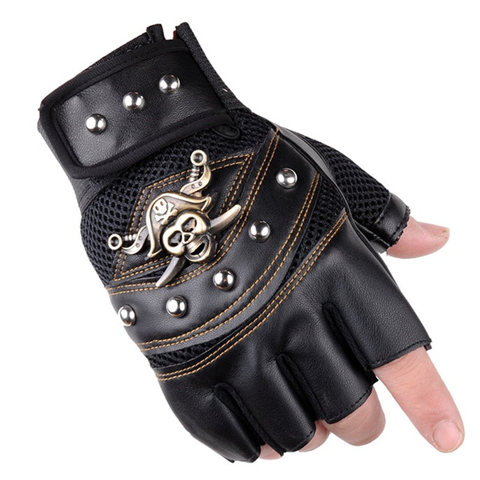Pirate Captain PU Leather Fingerless Gloves Men Women Skulls Rivet Mitts Hip Hop Gym Gloves Female Moto Half Finger Men's Gloves ► Photo 1/6
