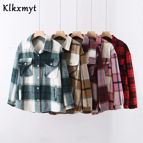 Klkxmyt Plaid Jacket Women Coat 2022 Autumn Winter Vintage Stylish Pockets Oversized Jacket Coat Casual Warm Chic Tops ► Photo 1/6