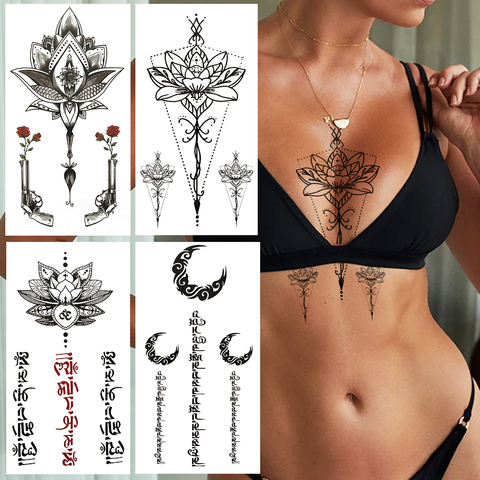 Lotus Temporary Tattoo For Women Men Girls Gun Moon Tattoos Sticker  Geometric Letter Black Henna Words Fake Tatoo Body Chest Leg - Price  history & Review | AliExpress Seller - YURAN Official