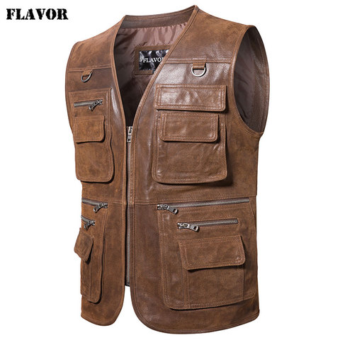 FLAVOR New Men's Real Leather Vest Men's Motorcycle Fishing Outdoor Travel Vests ► Photo 1/6