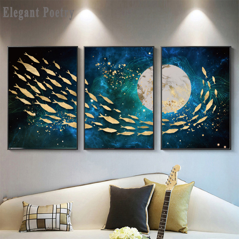 Golden Fish Moon Abstract Wall Poster Modern Style Canvas Print Painting Contemporary Art Living Room Entrance Decoratio Picture ► Photo 1/6