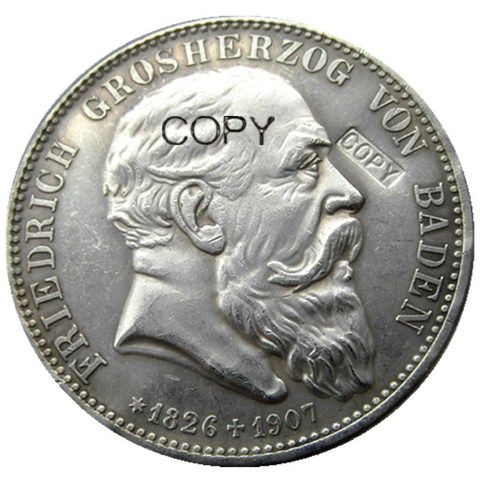 1907 German States BADEN 5 Mark Silver Plated Copy Coin ► Photo 1/2