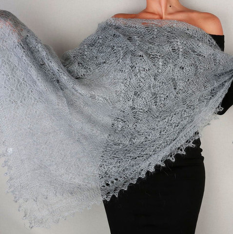 Scarf down shawl handmade stole openwork, (light gray), 200x60 ► Photo 1/1