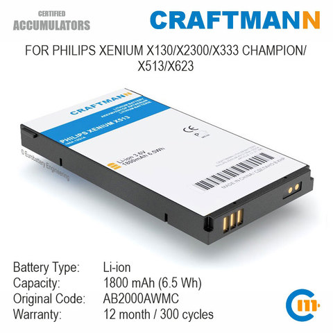 Battery 1800mAh for Philips XENIUM X130, X2300, X333 CHAMPION, X513, X623 (AB2000AWMC) ► Photo 1/5