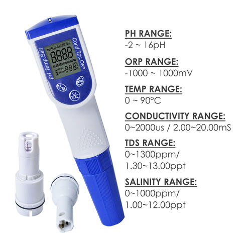 Taiwan Made pH Meter 6-in-1 Pentype Conductivity Tester Temperature TDS ORP Salinity Water Quality IP57 Design ► Photo 1/6