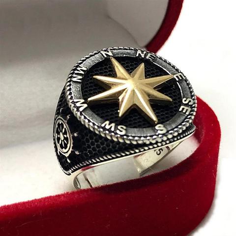 925 Sterling Silver Ring For Men Compass And Rudder Design Gift For Him Men's Rings Real Pure Silver - Turkish Jewelry ► Photo 1/3