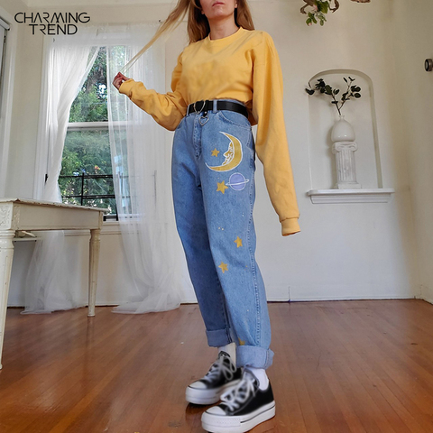 Straight Women's Cute Jeans Baggy Vintage High Waist Moon Star Pattern Young Girls Denim Pants Streetwear 2022 Female Long Jeans ► Photo 1/6