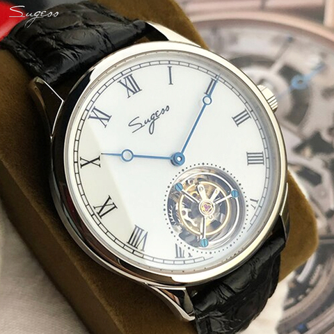 Sugess tourbillon watch Hand winding alligator leather mechanical men watch Antique Enamel Ceramic dial seagull movement ST8230 ► Photo 1/6