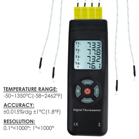 Digital Thermometer K-Type Metal 4 Channel & Bead Probe Thermometer and Backlight K-Type Thermocouples  Instrument Hold Function ► Photo 1/6