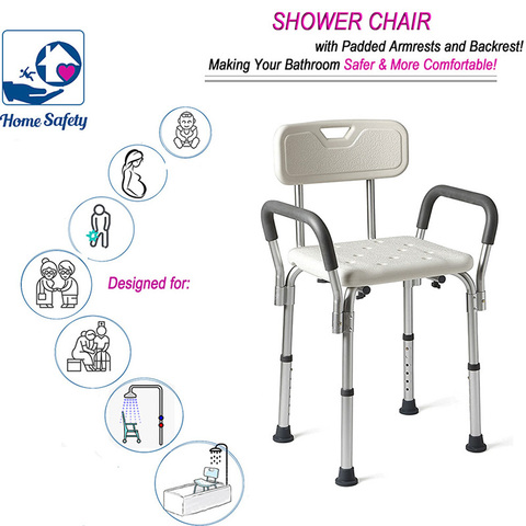 Bathroom Chair Elderly Bench Stool for Bath  Non Slip Height Adjustable with Backrest Arm Tub Furniture Disabled Shower Seat ► Photo 1/6