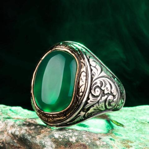 925 Sterling Silver Ornamented Men's Ring with Green Agate Stone Green Aqeeq Gemstone Ring for Men Exclusive Male Ring ► Photo 1/6