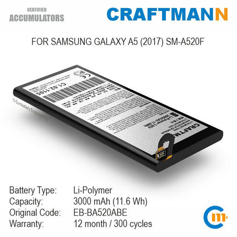 Battery 3000mAh for Samsung GALAXY A5 (2017) SM-A520F (EB-BA520ABE) ► Photo 1/5