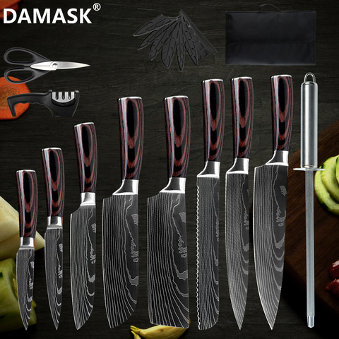 Damask Stainless Steel Kitchen Knife Set High Carbon Laser Blade Chopping Santoku Slicing Chef Knife Meat Slicing Cleaver Tools ► Photo 1/6