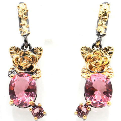 40x11mm Sublime Antique Created Pink Morganite Gift For Girls Black Gold Silver Earrings ► Photo 1/2