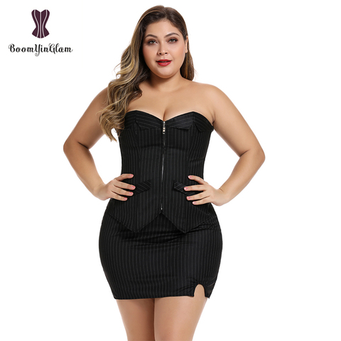 Office Style Women Basques Bustier Stripes Overbust Corsets Top With Skirt Lace Up Boned Corset Dress Plus Size 801 ► Photo 1/6