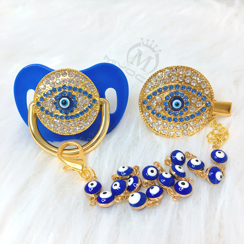 MIYOCAR blue Bling evil eye pacifier and clip set pacifier chain holder bling colorful lovely evil eye pacifier AEYE-C ► Photo 1/6