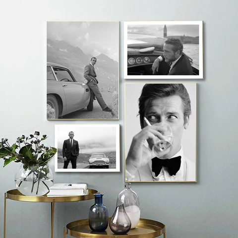 Gentleman Spy Movie 007 Poster Bond Cars Black and White Actor Prints Movie Canvas Painting Wall Art Picture Living Room Decor ► Photo 1/6