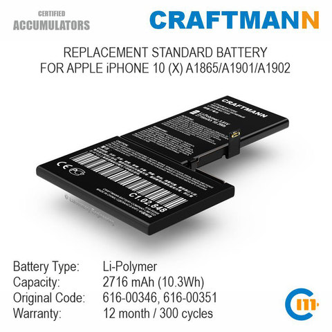 Battery 2716mAh for APPLE iPHONE 10 (X) A1865/A1901/A1902 (616-00346/616-00351) ► Photo 1/6