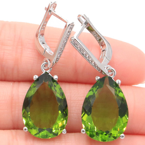 Classic 18x13mm Water Drop Shape Created Green Peridot Natural CZ Gift For Girls Silver Earrings 35x13mm ► Photo 1/6