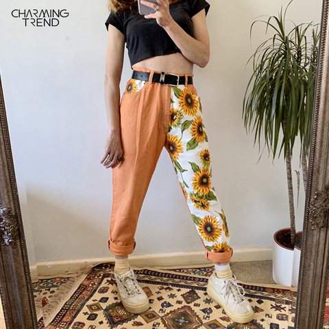 Jeans Woman Vintage High Waist Pants Fit Young Girls Cute Sunflower Stitching Pattern Autumn Winter Trousers Female Orange ► Photo 1/5