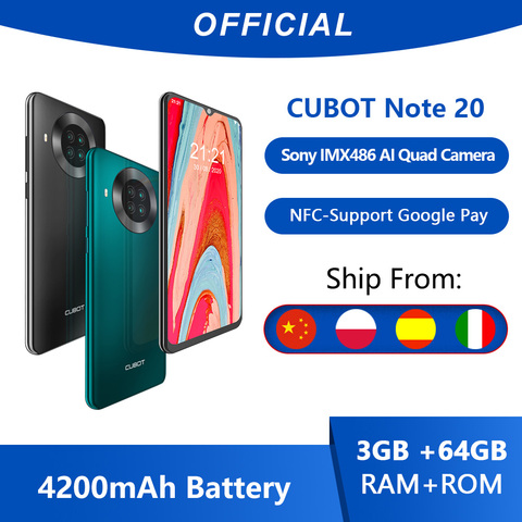Cubot Note 20 Rear Quad Camera Smartphone NFC 6.5 Inch 4200mAh Google Android 10 Dual SIM Card Telephone 4G LTE 3GB+64GB celular ► Photo 1/6