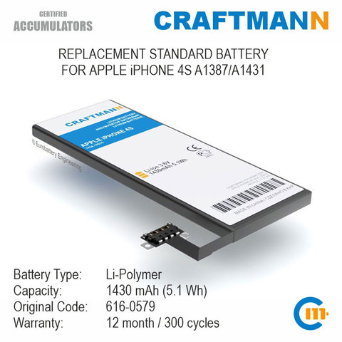 Battery 1430mAh for APPLE iPHONE 4S A1387/A1431 (616-0579) ► Photo 1/5