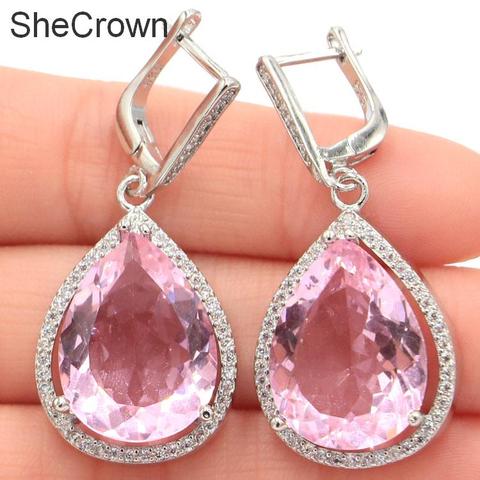 Ravishing Drop Shape 17.1g 20x15mm Created Pink Kunzite White CZ Gift For Girls Silver Earrings 43x19mm ► Photo 1/2