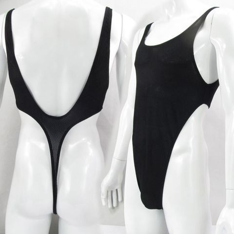 G528D Mens bodysuit Thong Leotard Deep U Back Nylon spandex slightly C-thru honeycomb mesh ► Photo 1/6