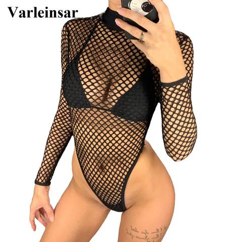 Women Swimwear Sexy Mesh Fishnet Sheer Long Sleeve High Cut Thong One Piece Swimsuit Female Bather Bathing Suit Swim Beach V1595 ► Photo 1/6