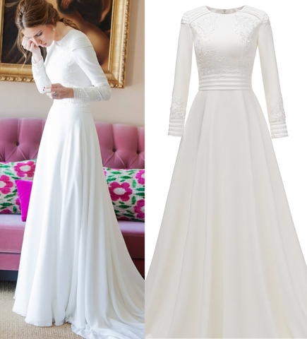 Real Photo Simple Long Sleeve Plain Satin Wedding Dress Bridal Gown Bride Custom Made factory price ► Photo 1/6