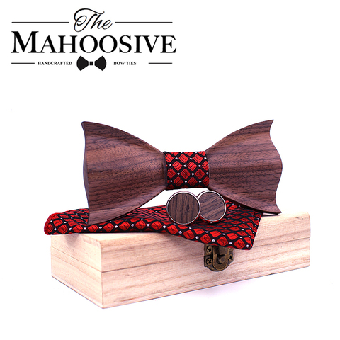 Paisley 3D Walnut Wooden Wood Bow Tie Handkerchief Cufflink Brooch Set For Mens Wedding Novelty Accessory men Ties and Box ► Photo 1/6