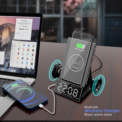Wireless Charger Alarm Clock Bluetooth Speaker LED Smart Digital Clock Table Electronic Desktop Clocks Fm Radio USB Fast Charger ► Photo 1/6