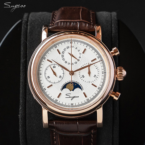 Sugess Mechanical Men Watch Seagull Movement ST1908 Chronograph Vintage Moonphase Genuine Leather Band Waterproof 50ATM  ST19 ► Photo 1/6