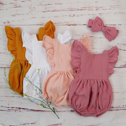 Organic Cotton Baby Girl Clothes Summer New Double Gauze Kids Ruffle Romper Jumpsuit Headband Dusty Pink Playsuit For Newborn 3M ► Photo 1/6