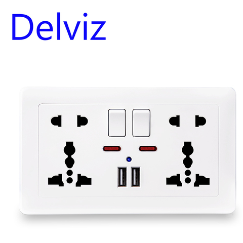 Delviz Wall Power Socket Universal 5 Hole, 2.1A Dual USB Charger Port,146mm*86mm, LED indicator, UK Standard USB Switched Outlet ► Photo 1/6