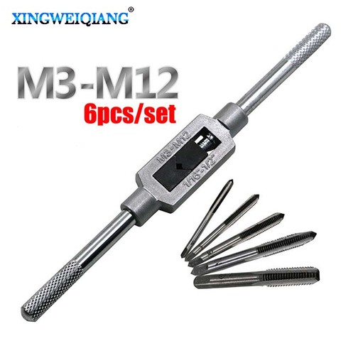 6pcs 3F Hand Screw Thread Metric Plug Tap Set M3 M4 M5 M6 M8 with Adjustable Tap Wrench 1/16-1/4