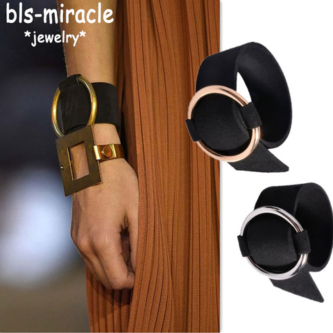 Bls-miracle Bohemia Punk Black Bracelets Big Round Leather Bangle Bracelet Wristband Metal For Woman Party Gift Wholesale BA-132 ► Photo 1/5