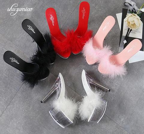 Shoes Women 2022 Mao Mao Sexy Super High Heel 15CM Fine with Waterproof Table Slippers Transparent Crystal Shoes Wedding Banquet ► Photo 1/6