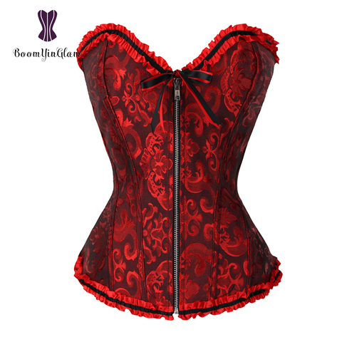 Front Zip Slimming Waist Shaper Lace Up Women Bustier Plus Size Body Shapewear Pleated Boned Corset Overbust With G String 819# ► Photo 1/6