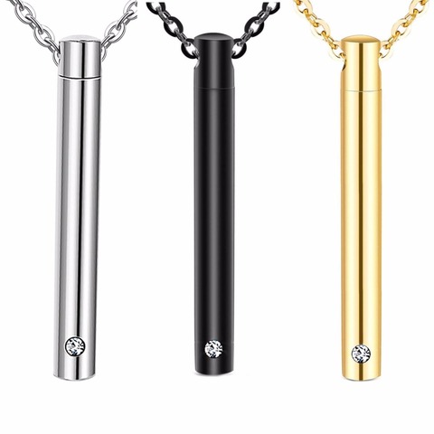 Unisex Stainless Steel 3 Tone Jewelry Cylinder Crystal Memorial Urn Pendant Slide Screw Opens Cremation Necklace Ash Case Holder ► Photo 1/3