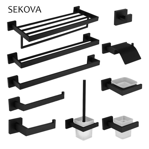 SEKOVA Black 304 Stainless Steel Towel Rack Toilet Brush Paper Holder Soap dispenser Towel Bar hook Bathroom Hardware Set ► Photo 1/6