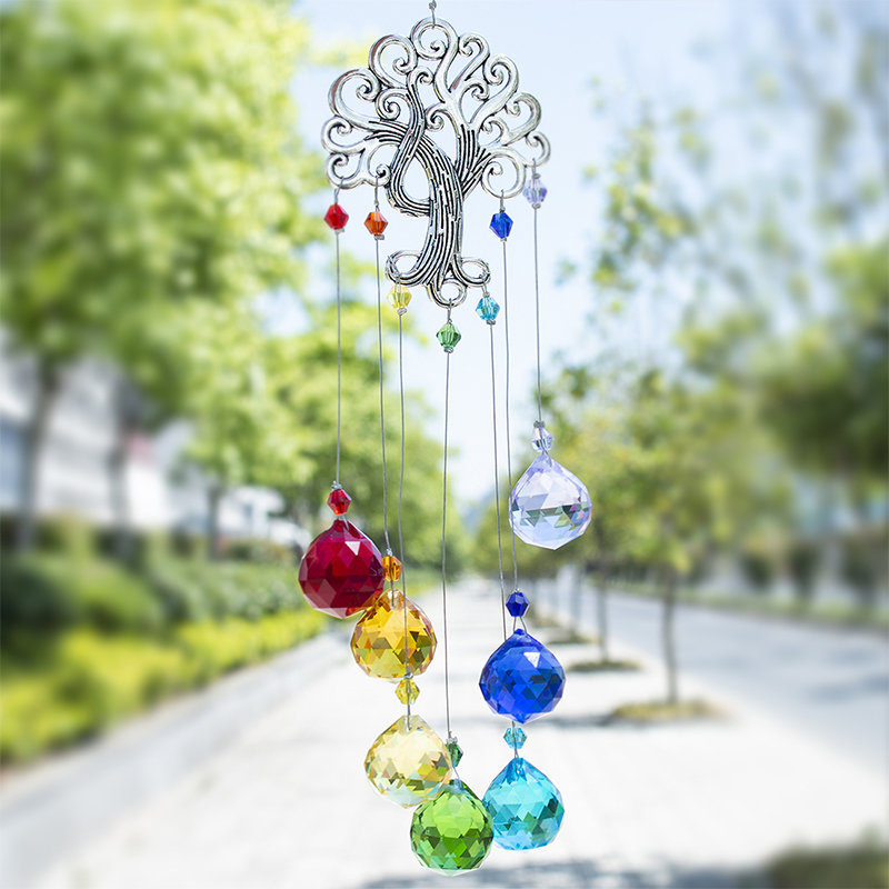 Colorful Crystal Beads Suncatcher Prism Tree of Life Decor Drops Hanging Pendant 