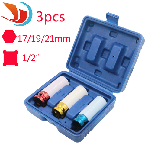 3Pcs 1/2 Inch 17mm 19mm 21mm Alloy Thin Wall Car Wheel Deep Impact Nut Socket Driver Set ► Photo 1/6